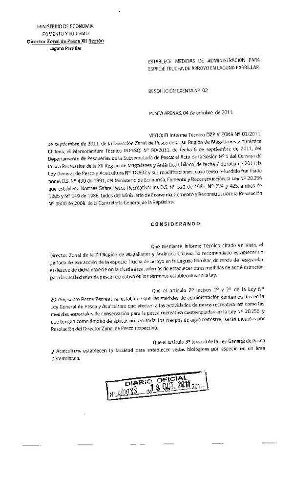 Res. Ex N° 2, establece medidas de administración para especie trucha de arroyo en laguna Parrillar