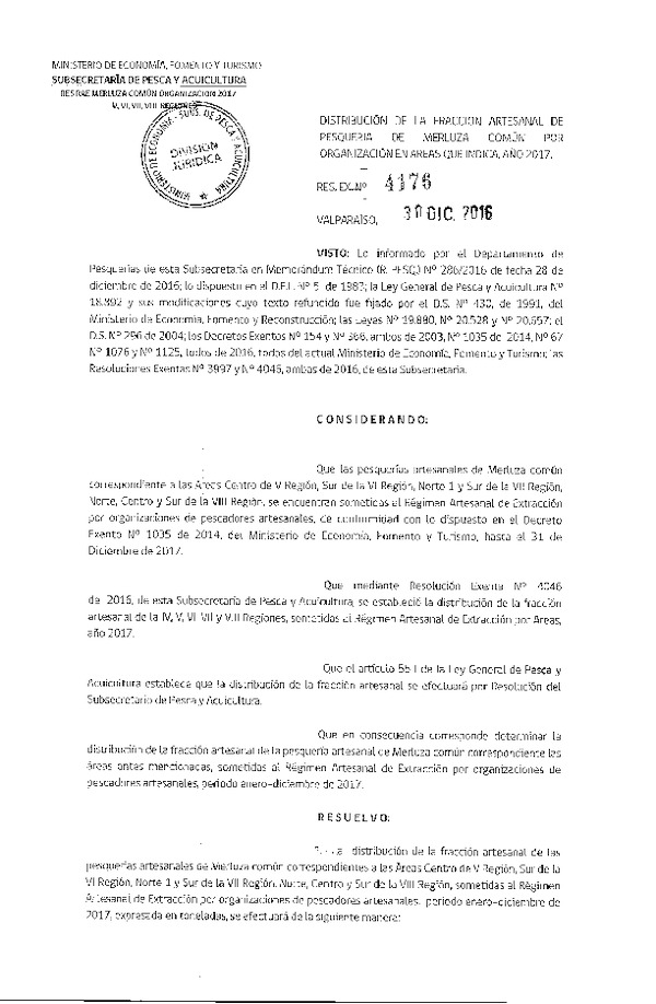 Res. Ex. N 4176-2016 Distribucin de la Fraccin Artesanal de Pesquera de Merluza Comn por Organizacin, reas de V, VI, VII y VIII Regin (RAE), Ao 2017.