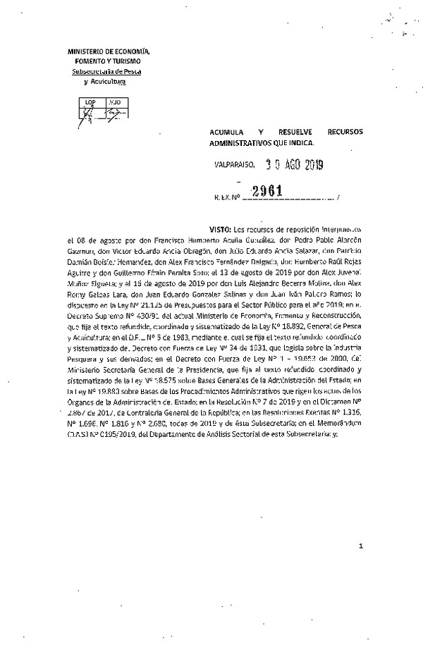 Res. EX. N° 2961-2019 Acumula y resuelve recursos administrativos que indica.