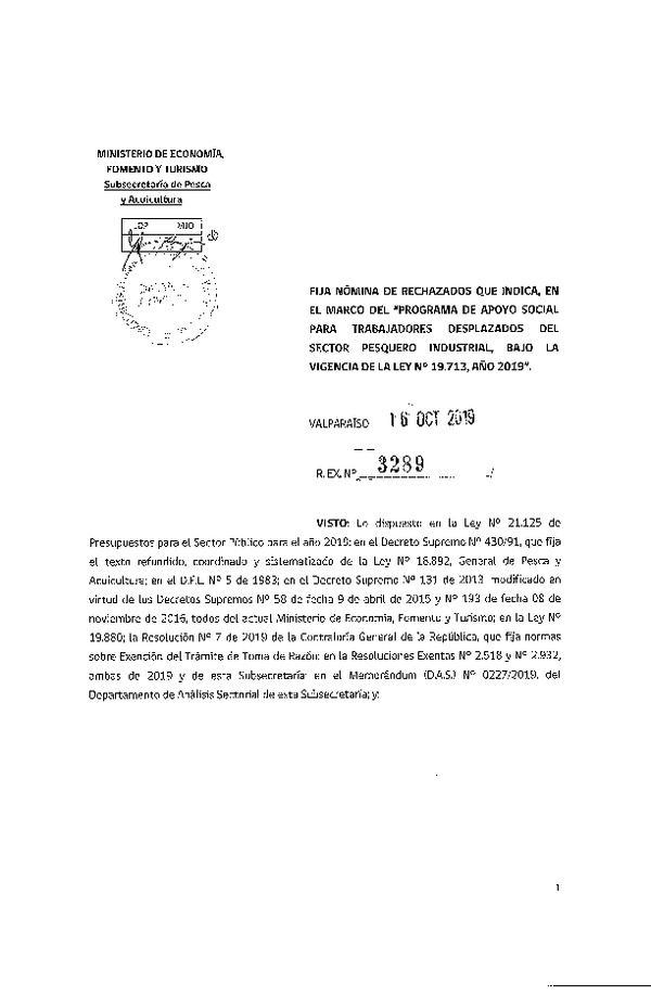 Res. Ex. N° 3289-2019 Fija nómina de rechazados que indica, en el marco del Programa de Apoyo Social para Trabajadores Desplazados del sector Pesquero Industrial.