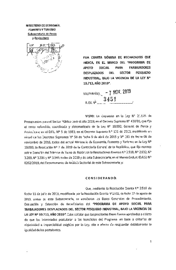 Res. Ex. N°3451-2019 Fija cuarta nómina de rechazados que indica, en le marco del “Programa de apoyo social para trabajadores desplazados del sector pesquero industrial, bajo la vigencia de la ley N° 19.713, año 2019”.