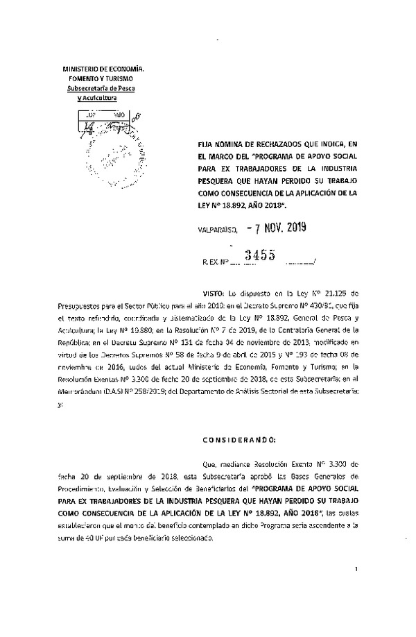 Res. Ex. N°3455-2019 Fija nómina de rechazados que indica, en le marco del “Programa de apoyo social para trabajadores desplazados del sector pesquero industrial, bajo la aplicación de la ley N° 20.892, año 2018”.