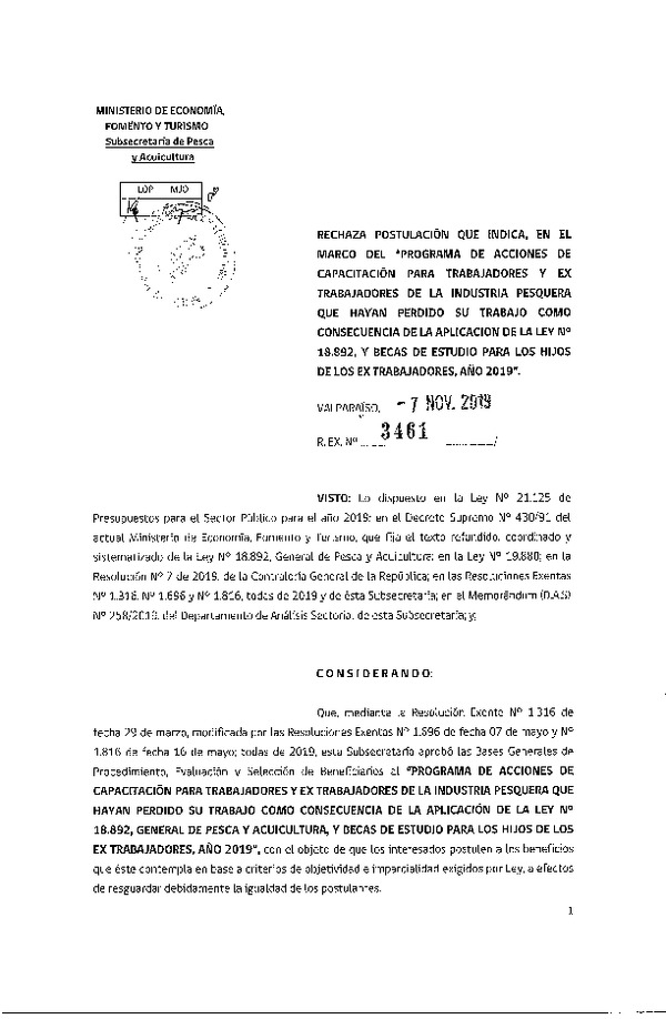 Res. Ex. N° 3461-2019 Rechaza postulación que indica, en el marco del "Programa de Acciones de Capacitación para Trabajadores y ex Trabajadores e la Industria Pesquera.