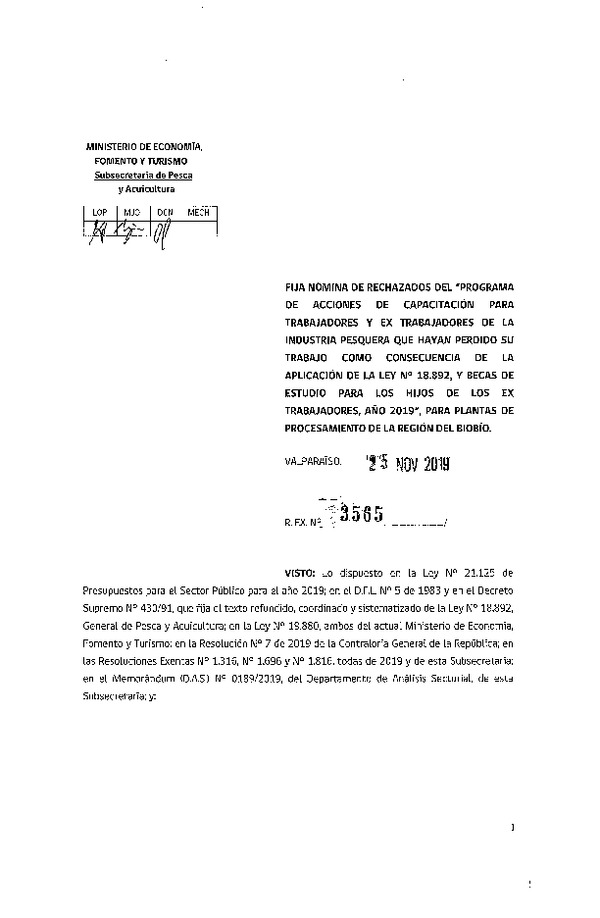 Res. Ex. N° 3565-2019 Fija nómina de rechazados del "Programa de acciones de capacitación para trabajadores y ex trabajadores de la industria pesquera que hayan perdido su trabajo como consecuencia de la aplicación de la Ley N°18.892.