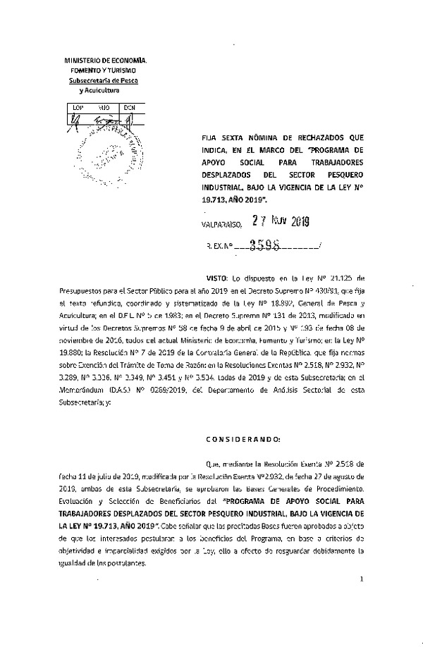 Res. Ex. N° 3598-2019 Fija sexta nómina de rechazados que indica, en le marco del “Programa de apoyo social para trabajadores desplazados del sector pesquero industrial, bajo la vigencia de la ley N° 19.713, año 2019”.