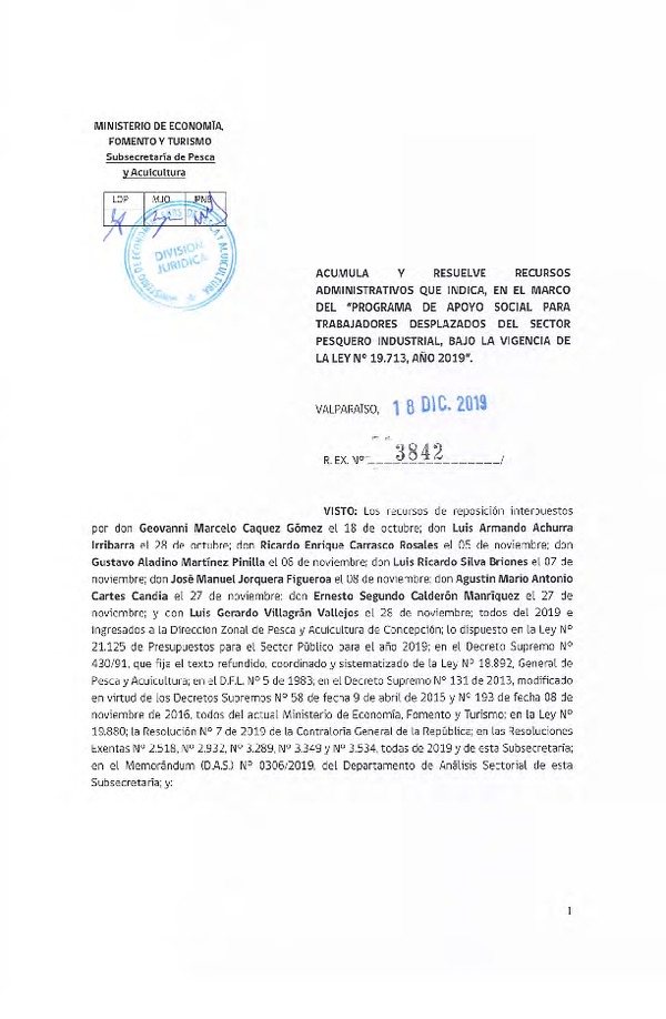 Res. Ex. N° 3842-2019 Acumula y Resuelve Recursos Administrativos que Indica, en el Marco del "Programa de Apoyo Social Para Trabajadores Desplazados del Sector Pesquero Industrial, Bajo la Vigencia de la Ley N° 19.713, Año 2019"