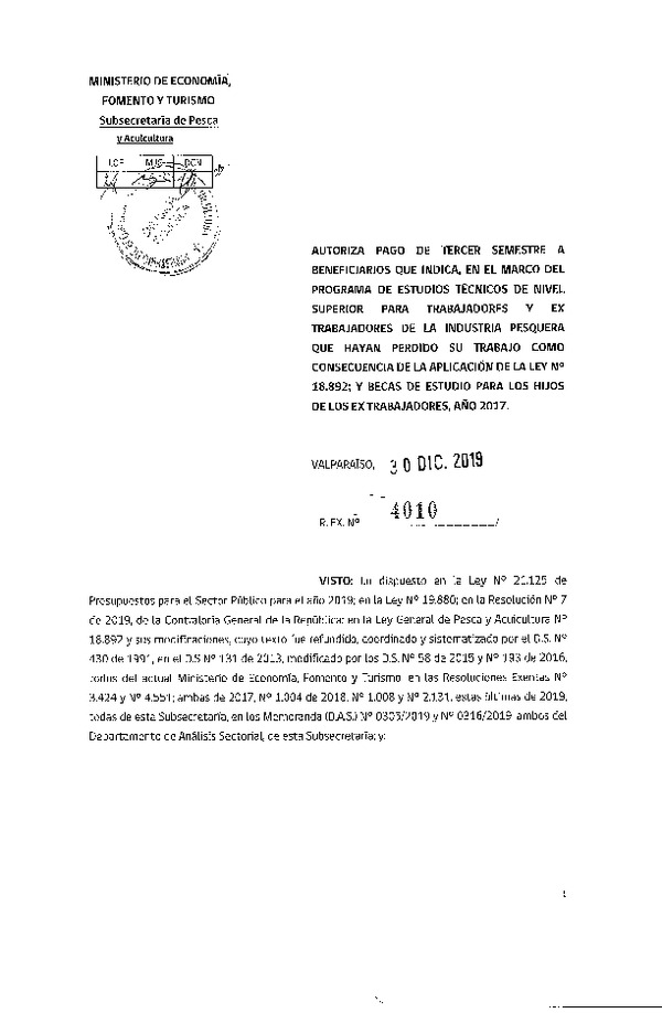 Res. Ex. N° 4010-2019 Autoriza Pago de Tercer Semestre a Beneficiarios que Indica.