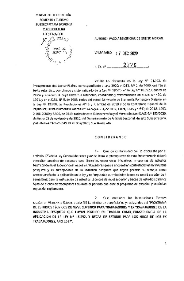 Res. Ex. N° 2776-2020 Autoriza pago a beneficiarios que se indican. (Publicado en Página Web 17-12-2020)