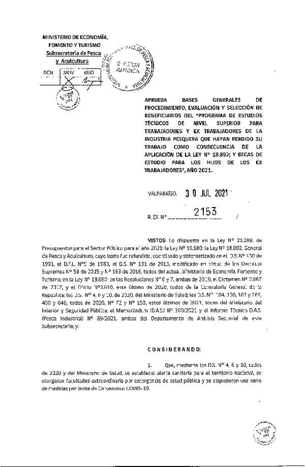 Res. Ex. N° 2153-2021Aprueba Bases Generales de Procedimiento, Evaluación y Selección de Beneficiarios de Programa que se Indica, Año 2021. (Publicado en Página Web 02-08-2021)