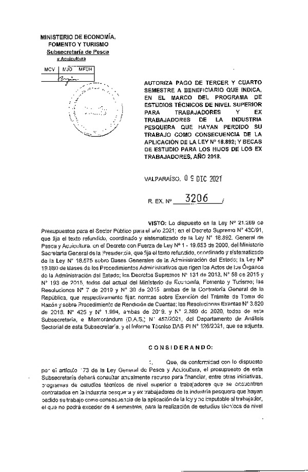 Res. Ex. N° 3206-2021 Autoriza pago de tercer y cuarto semestre a beneficiarios que se indica. (Publicado en Página Web 09-12-2021)