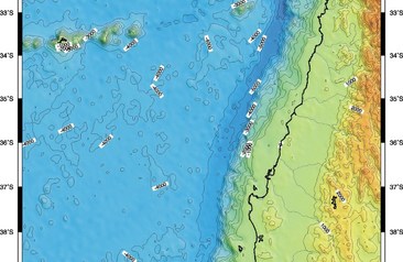 Fondo marino ady a la costa de Chile, entre  paralelos 30ºS y 40ºS y meridianos 70ºW y 80ºW