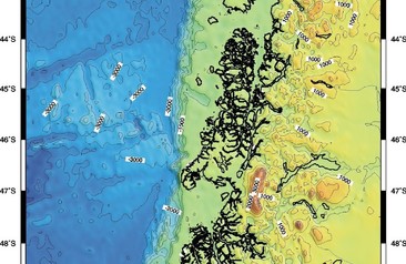 Fondo marino ady a la costa de Chile, entre paralelos 40ºS y 50ºS y meridianos 70ºW y 80ºW